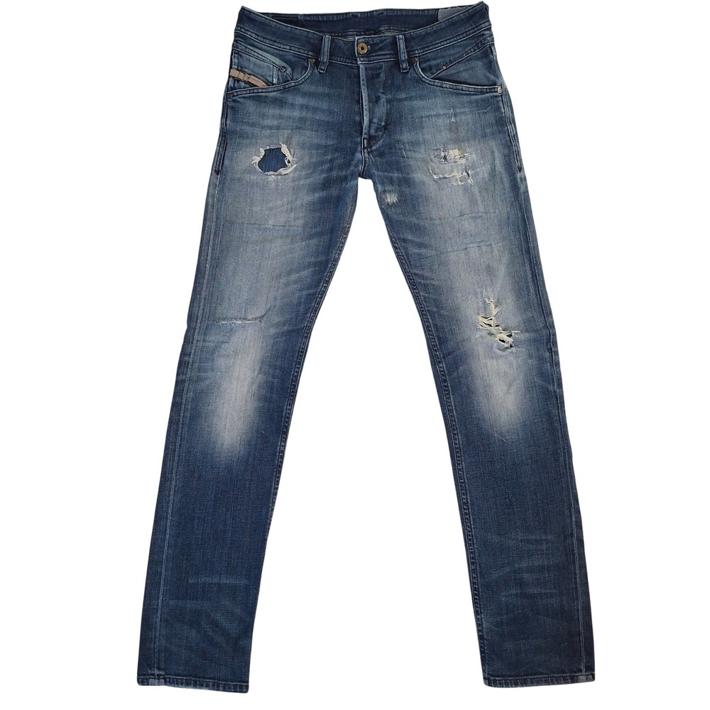 Diesel Belther Slim Straight Jeans Men's 30x32 Blue Button Fly Denim Distressed
